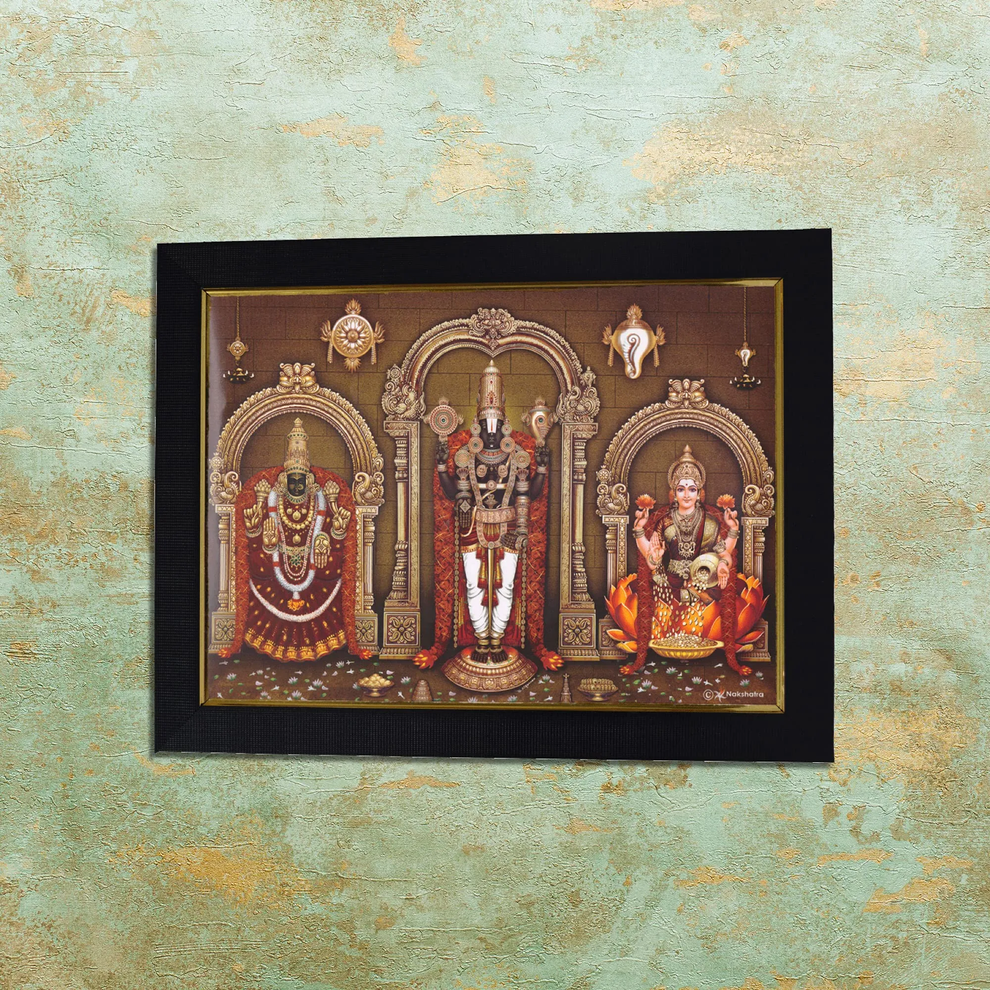 101Temples - Divinity Eternity Spirituality Tirupati Balaji Padmavathi Lakshmi God Wooden Photo Frame with Wall hook, 1 Piece | 10” x 13”, Matt finish