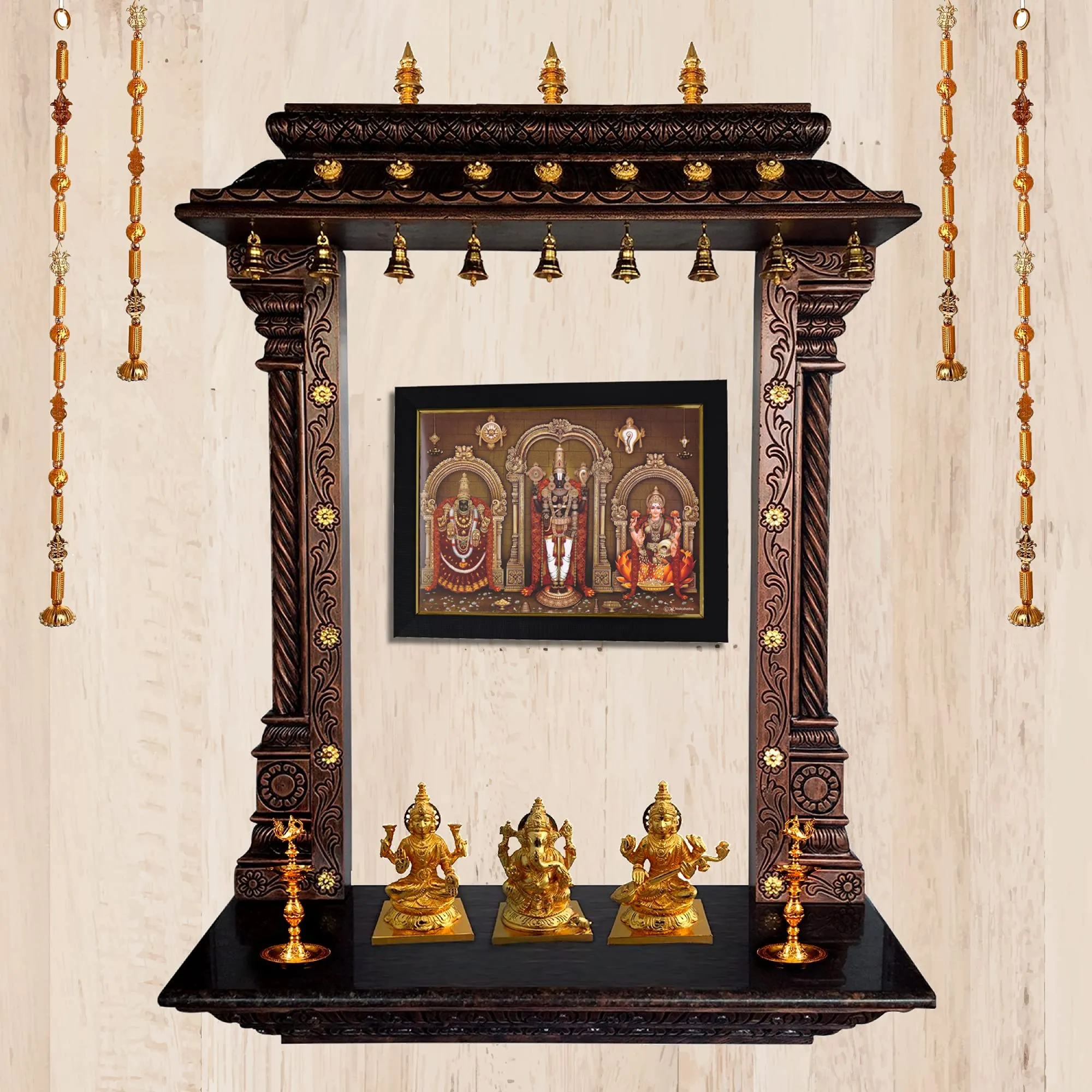 101Temples - Divinity Eternity Spirituality Tirupati Balaji Padmavathi Lakshmi God Wooden Photo Frame with Wall hook, 1 Piece | 10” x 13”, Matt finish