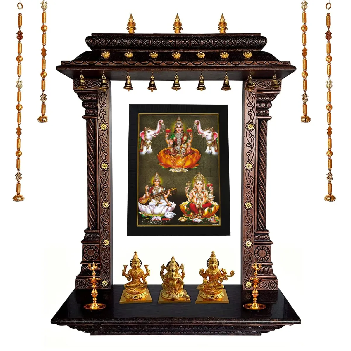 101Temples - Divinity Eternity Spirituality Wooden Lakshmi Ganesha Saraswati Hindu God Finish Photo Frame with Wall Hook for Pooja Room (10 x 13)