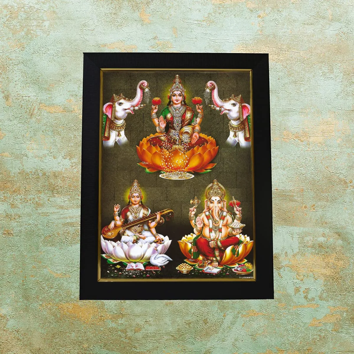 101Temples - Divinity Eternity Spirituality Wooden Lakshmi Ganesha Saraswati Hindu God Finish Photo Frame with Wall Hook for Pooja Room (10 x 13)