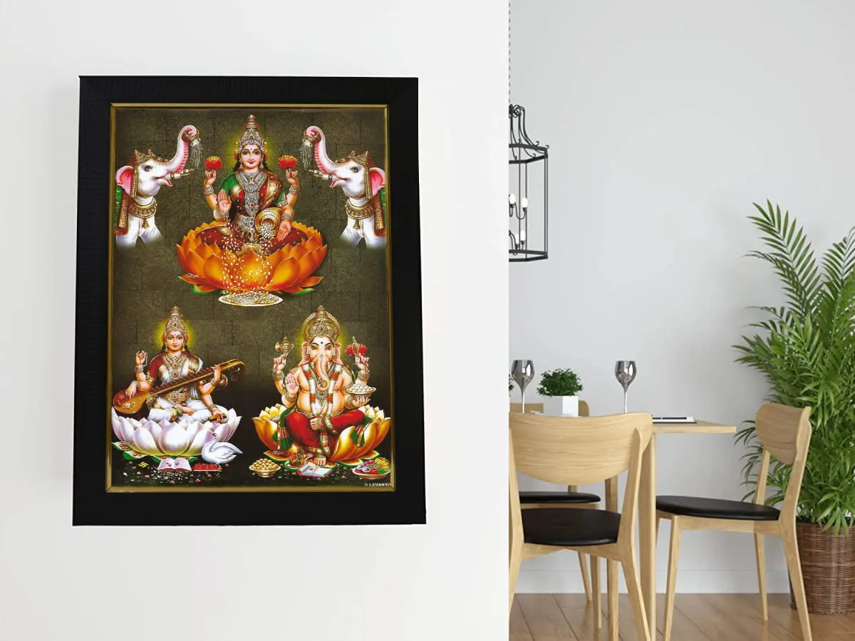 101Temples - Divinity Eternity Spirituality Wooden Lakshmi Ganesha Saraswati Hindu God Finish Photo Frame with Wall Hook for Pooja Room (10 x 13)