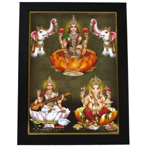 101Temples - Divinity Eternity Spirituality Wooden Lakshmi Ganesha Saraswati Hindu God Finish Photo Frame with Wall Hook for Pooja Room (10 x 13)