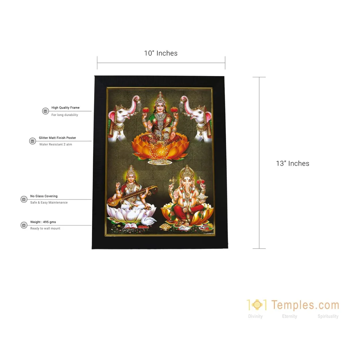 101Temples - Divinity Eternity Spirituality Wooden Lakshmi Ganesha Saraswati Hindu God Finish Photo Frame with Wall Hook for Pooja Room (10 x 13)