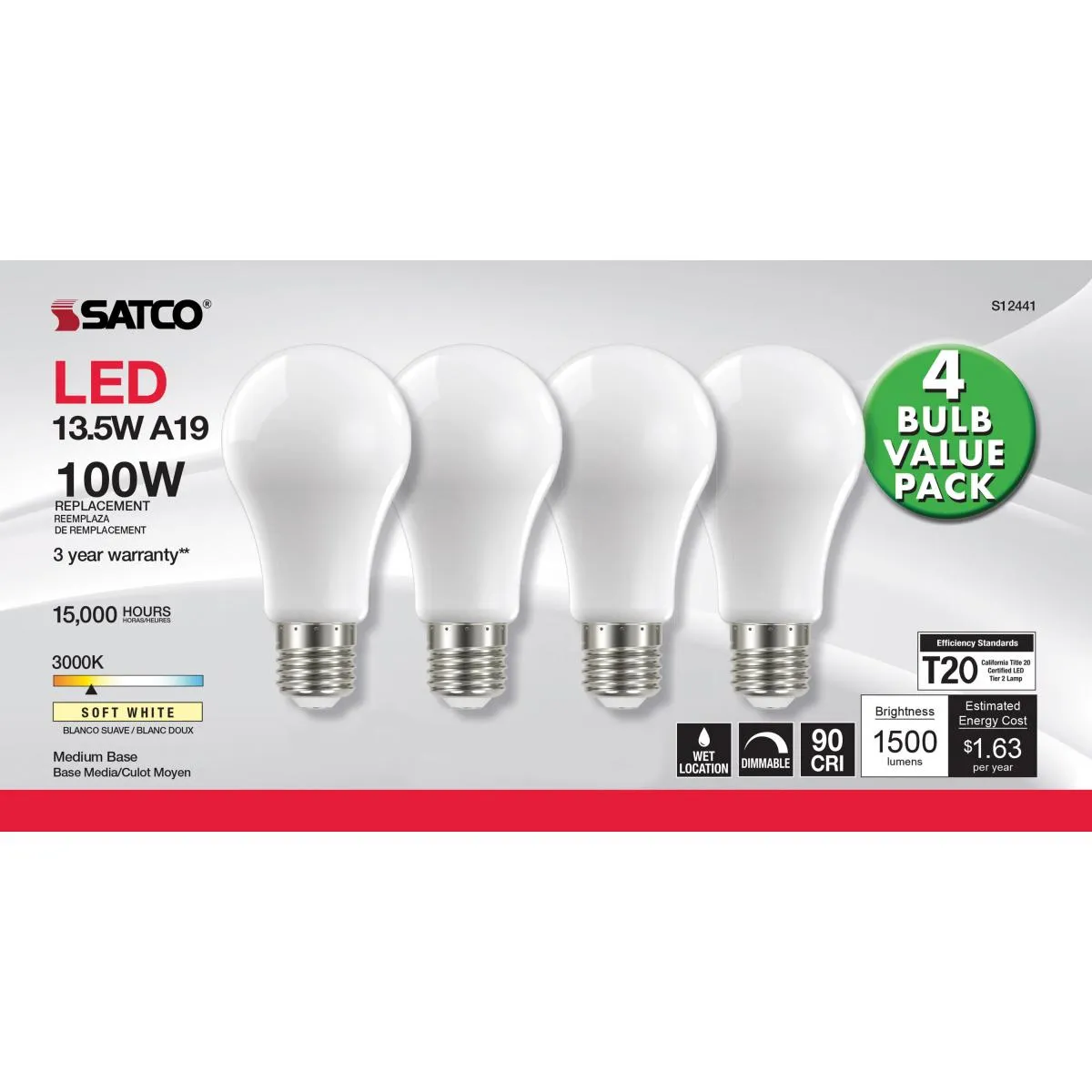 A19 LED Bulb, 100W Equivalent, 14 Watt, 1500 Lumens, 3000K, E26 Medium Base, Frosted Finish, Pack Of 4