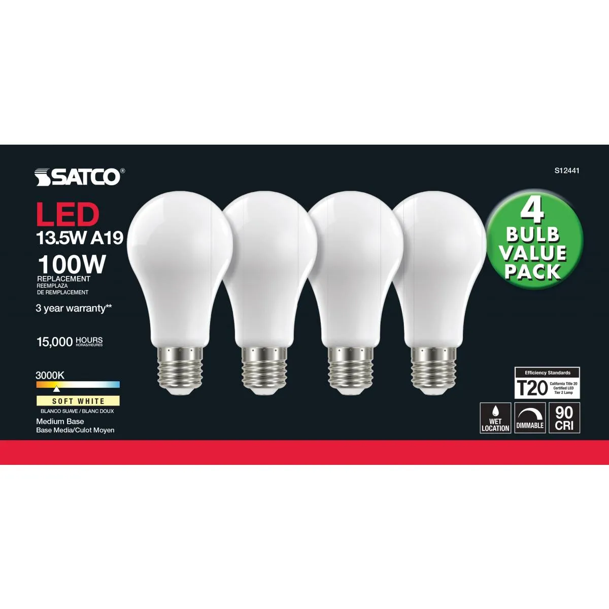 A19 LED Bulb, 100W Equivalent, 14 Watt, 1500 Lumens, 3000K, E26 Medium Base, Frosted Finish, Pack Of 4
