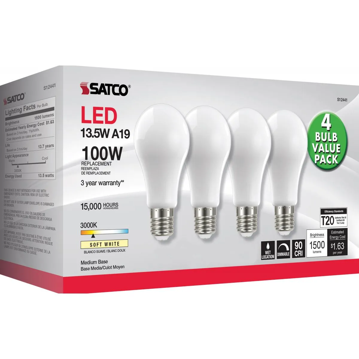 A19 LED Bulb, 100W Equivalent, 14 Watt, 1500 Lumens, 3000K, E26 Medium Base, Frosted Finish, Pack Of 4