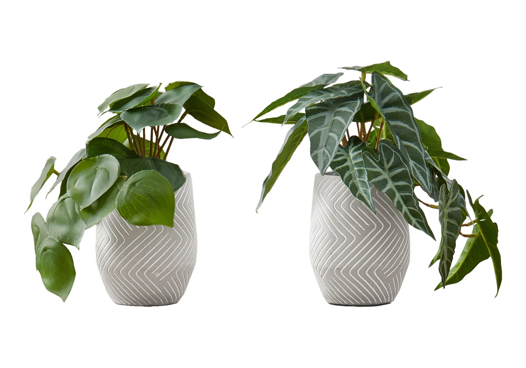 Artificial Plant, 8" Tall, Alocasia, Indoor, Faux, Fake, Table, Greenery, Potted, Set Of 2, Decorative, Green Leaves, White Cement Pots