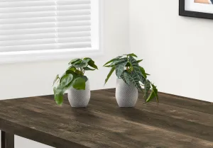 Artificial Plant, 8" Tall, Alocasia, Indoor, Faux, Fake, Table, Greenery, Potted, Set Of 2, Decorative, Green Leaves, White Cement Pots