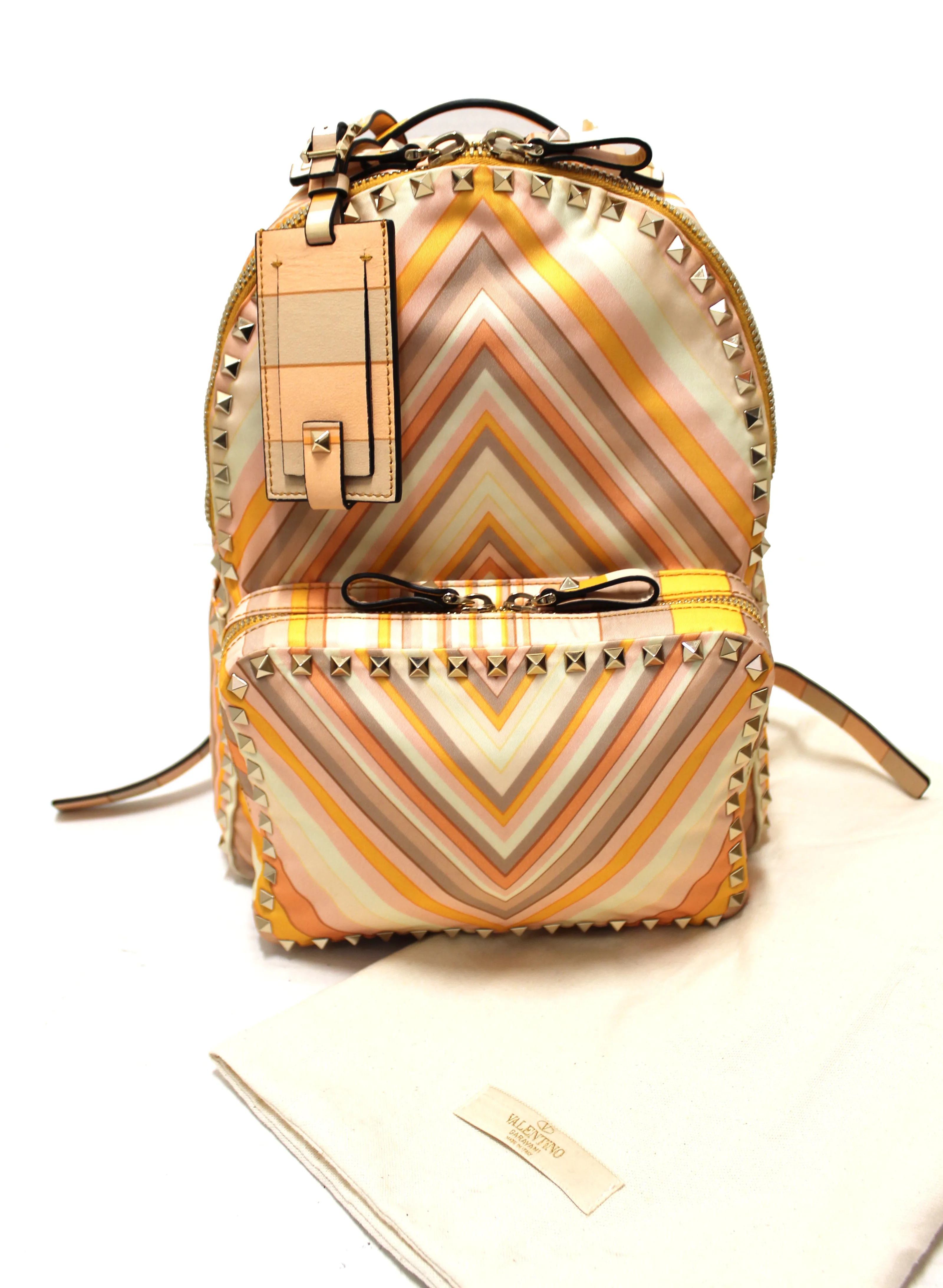 Authentic New Valentino Peach Native Couture Print Nylon Rockstuds Backpack