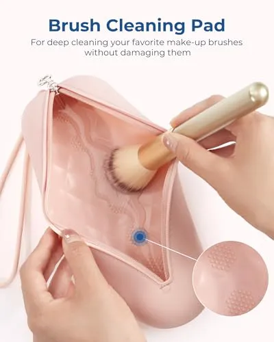 BAGSMART Makeup Brush Holder Bag Travel with Metal Zipper Closure, Travel Make Up Brush Case Cosmetic Bag, Silicone Soft Portable Face Brushes Travel Essentials Organizer Holder, Light Khaki