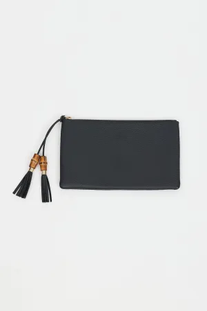Black Leather Bamboo Fringe Zip Pouch