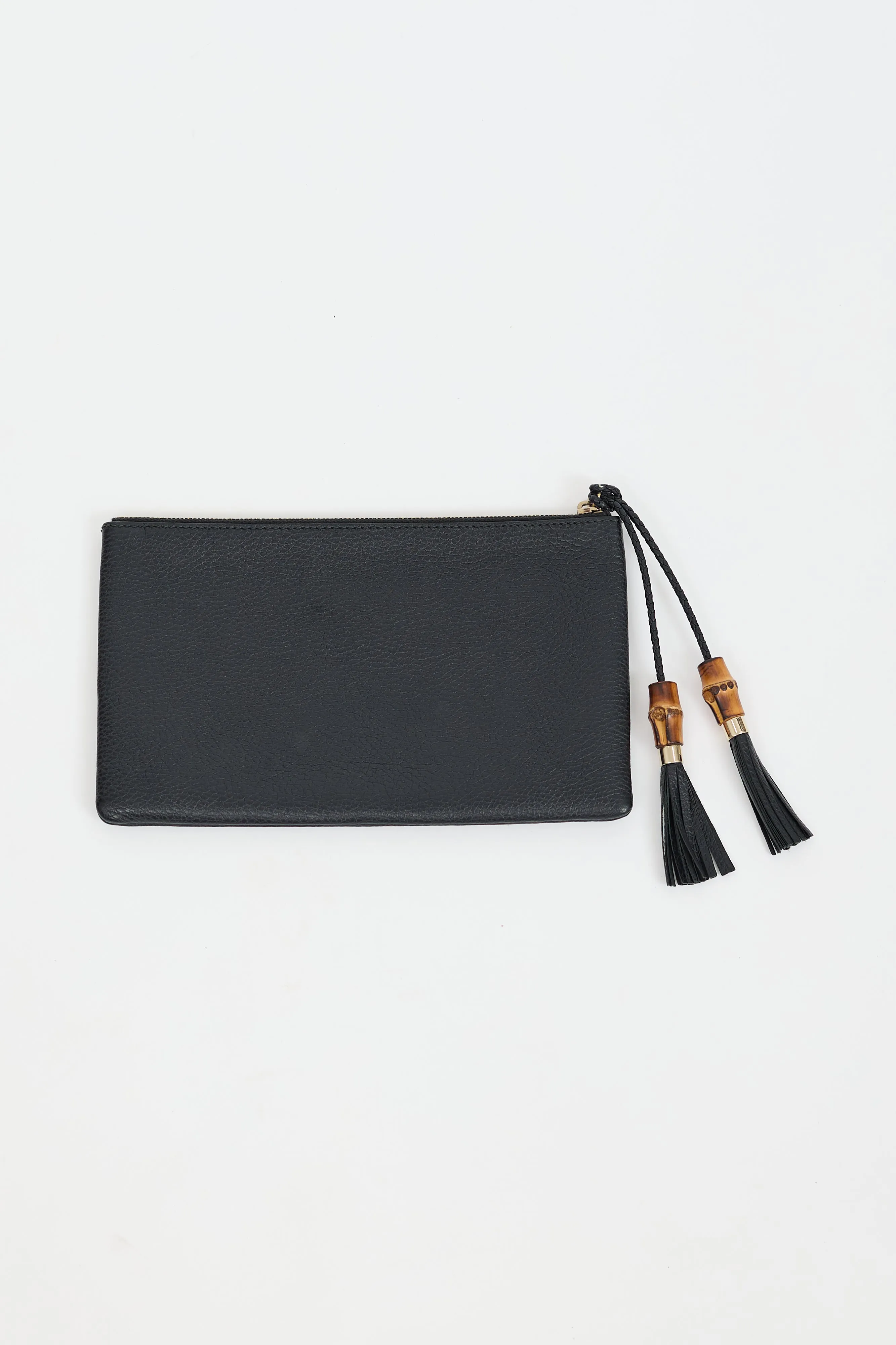 Black Leather Bamboo Fringe Zip Pouch