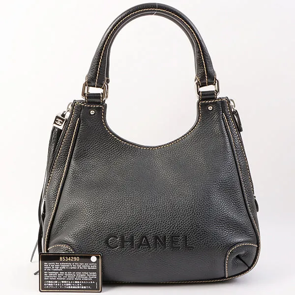 Chanel Around 2003 Made Logo Embossed Fringe Handle Bag Black
