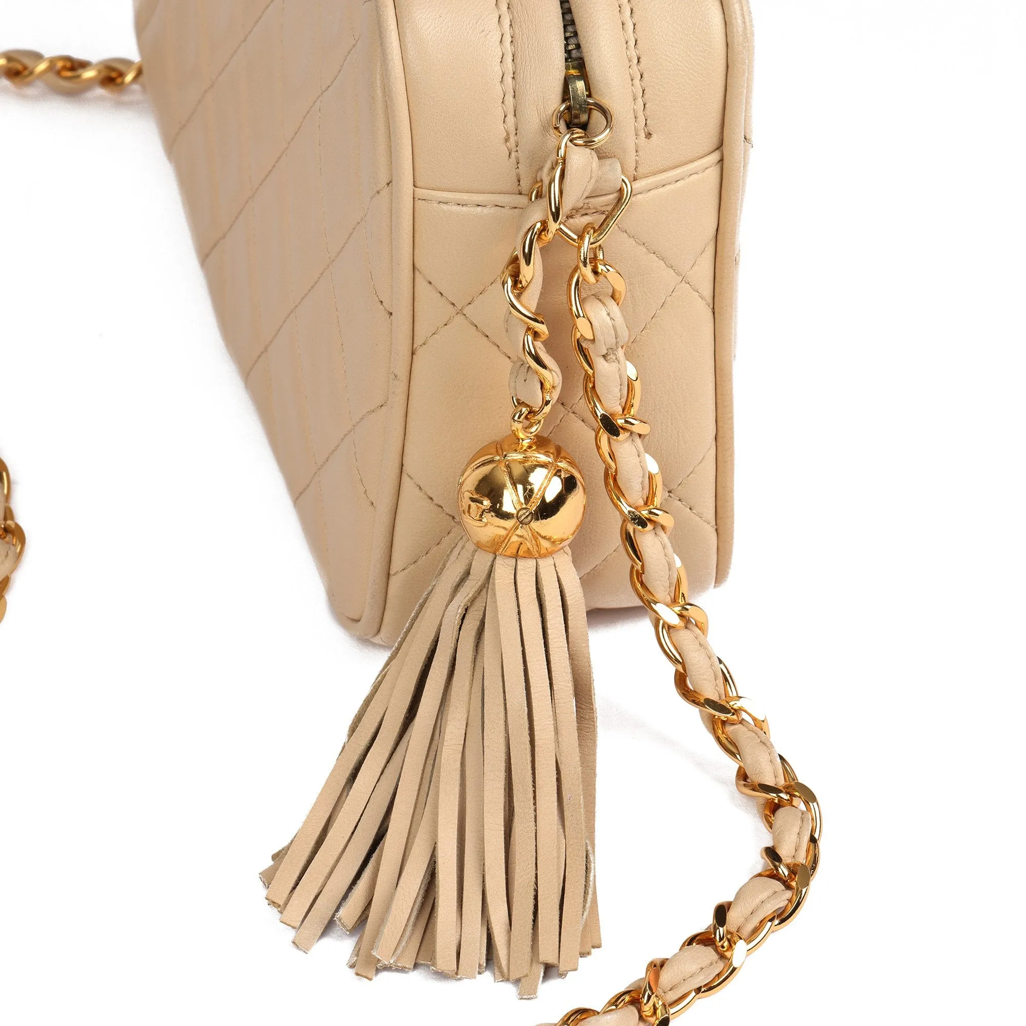 Chanel Beige Quilted Lambskin Vintage Small Fringe Timeless Camera Bag