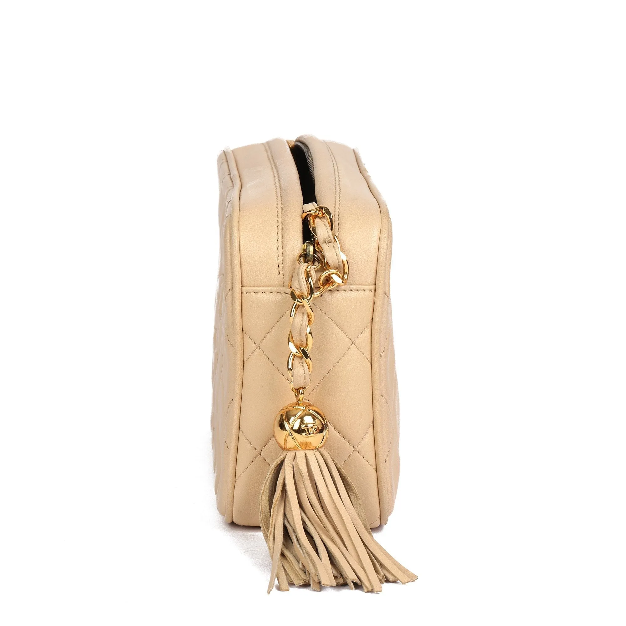 Chanel Beige Quilted Lambskin Vintage Small Fringe Timeless Camera Bag