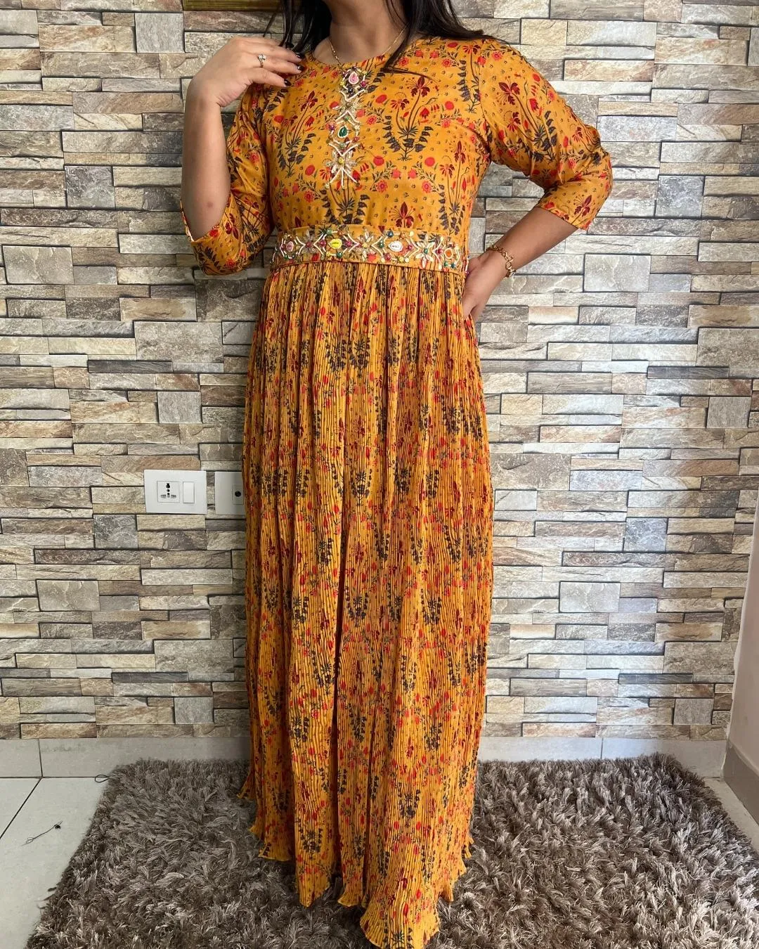 Daisy Yellow Pleated Bling Dress with Belt