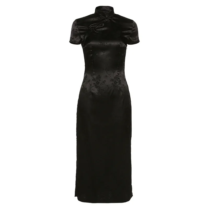 DEANWANGKT  Cross Border New 2019 Winter Chinese Style  Solid Color Embroidered Slim Split Cheongsam Dress Women