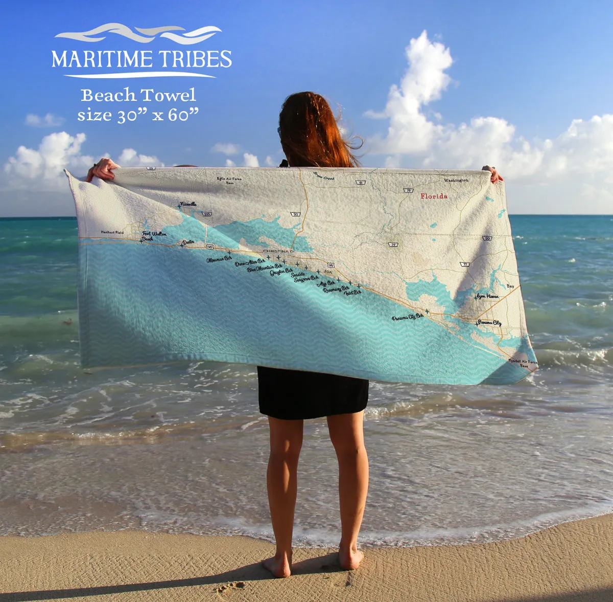Destin Beach to Rosemary Beach Florida Modern Wave Map Quick Dry Towel