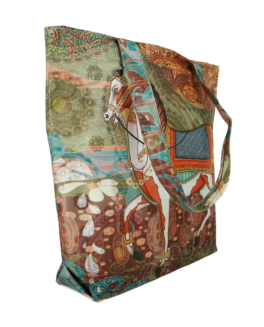 Digital Print Tote Fashion Bag Multipurpose Shopping Hand Bag,Waterproof Faux Silk and Polysatin Lining,16X14X4 Inch,Horse