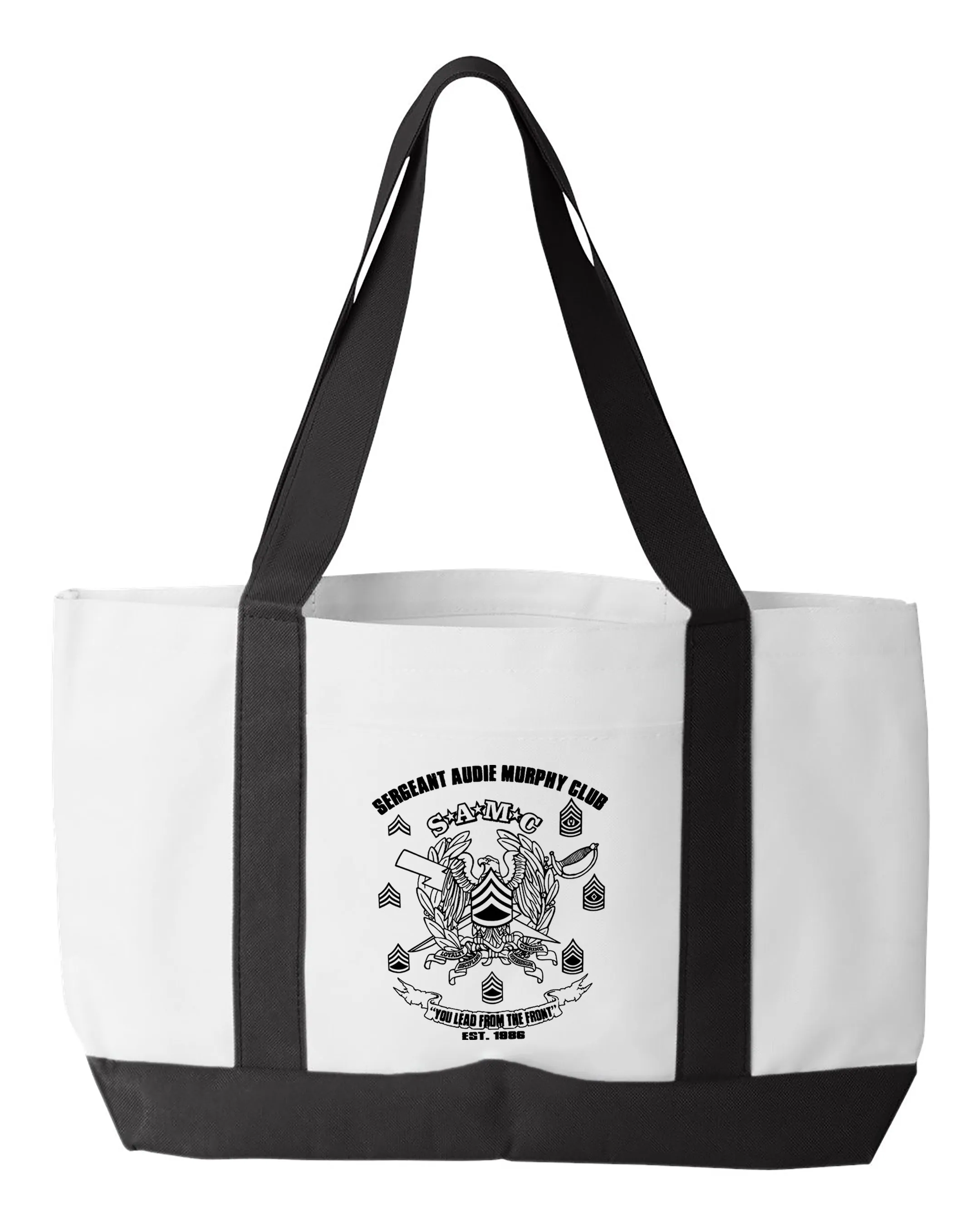 Doughboy SAMC Shopping Bag, 18.5"W x 12"H with 3.5" depth. White Polyester with Black Straps and Bottom.