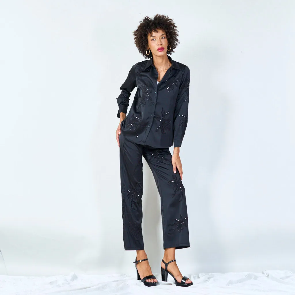 Embroidered satin shirt and pants set wholesale