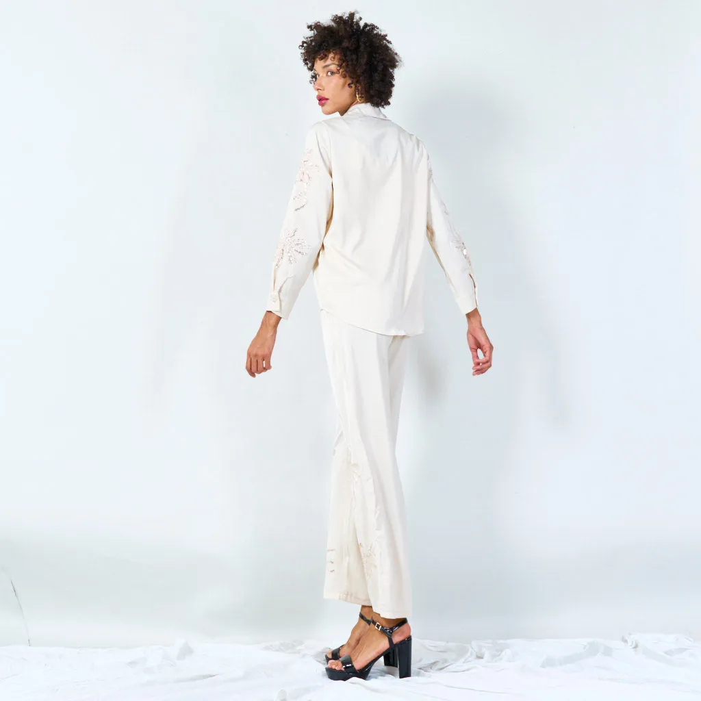 Embroidered satin shirt and pants set wholesale