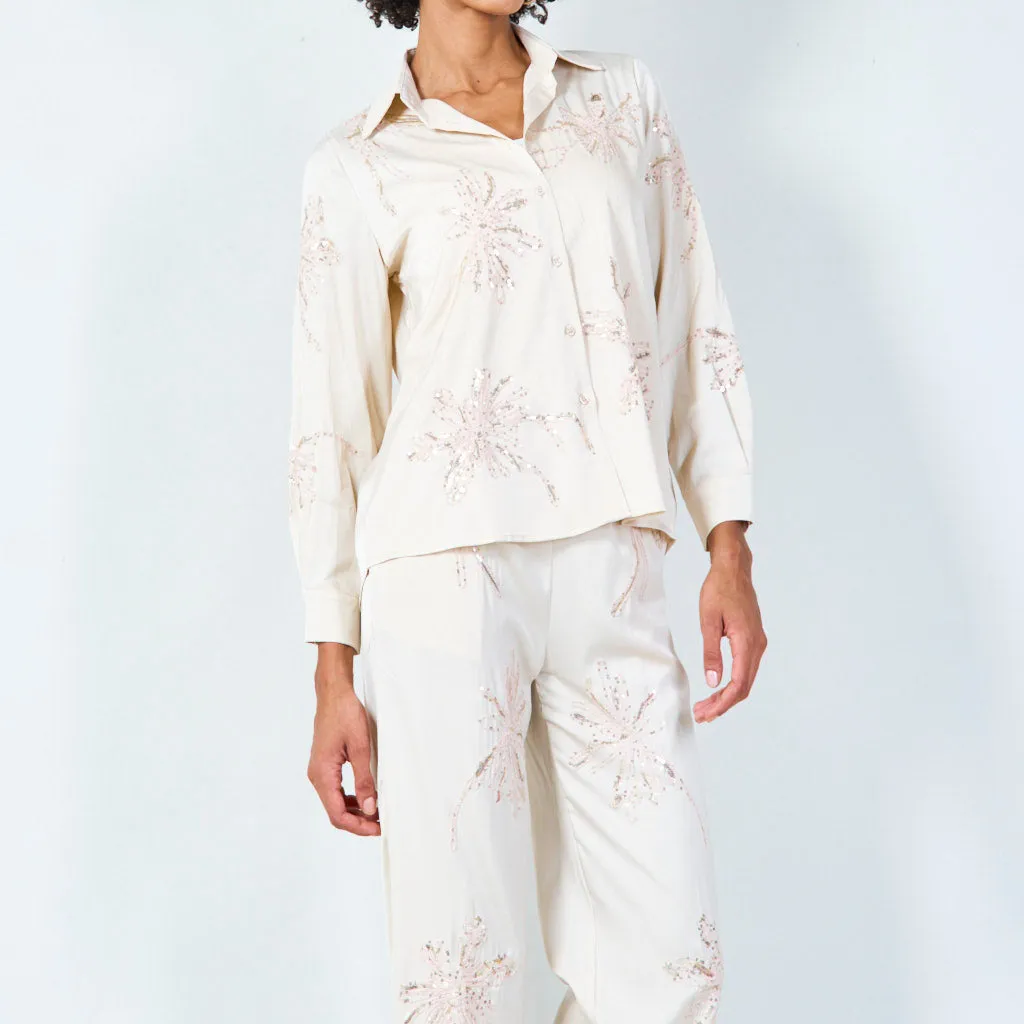 Embroidered satin shirt and pants set wholesale