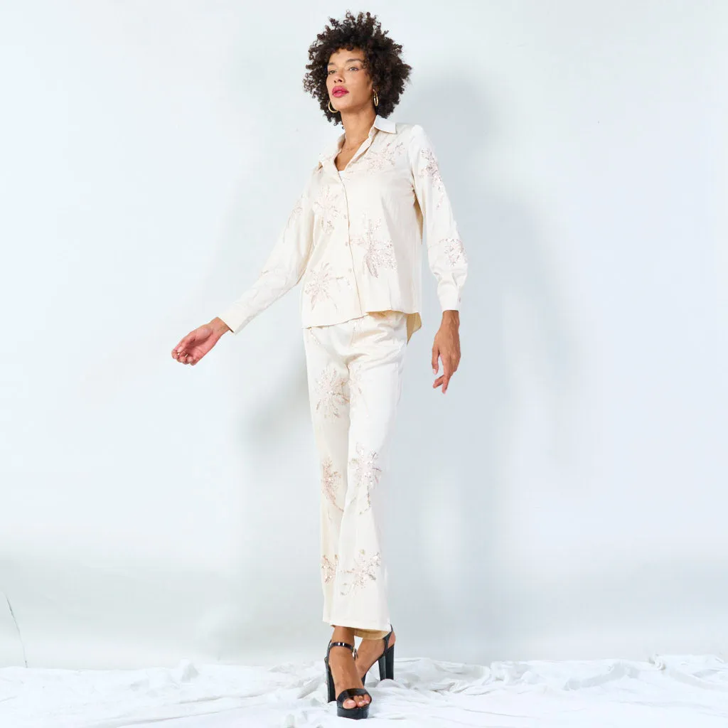 Embroidered satin shirt and pants set wholesale