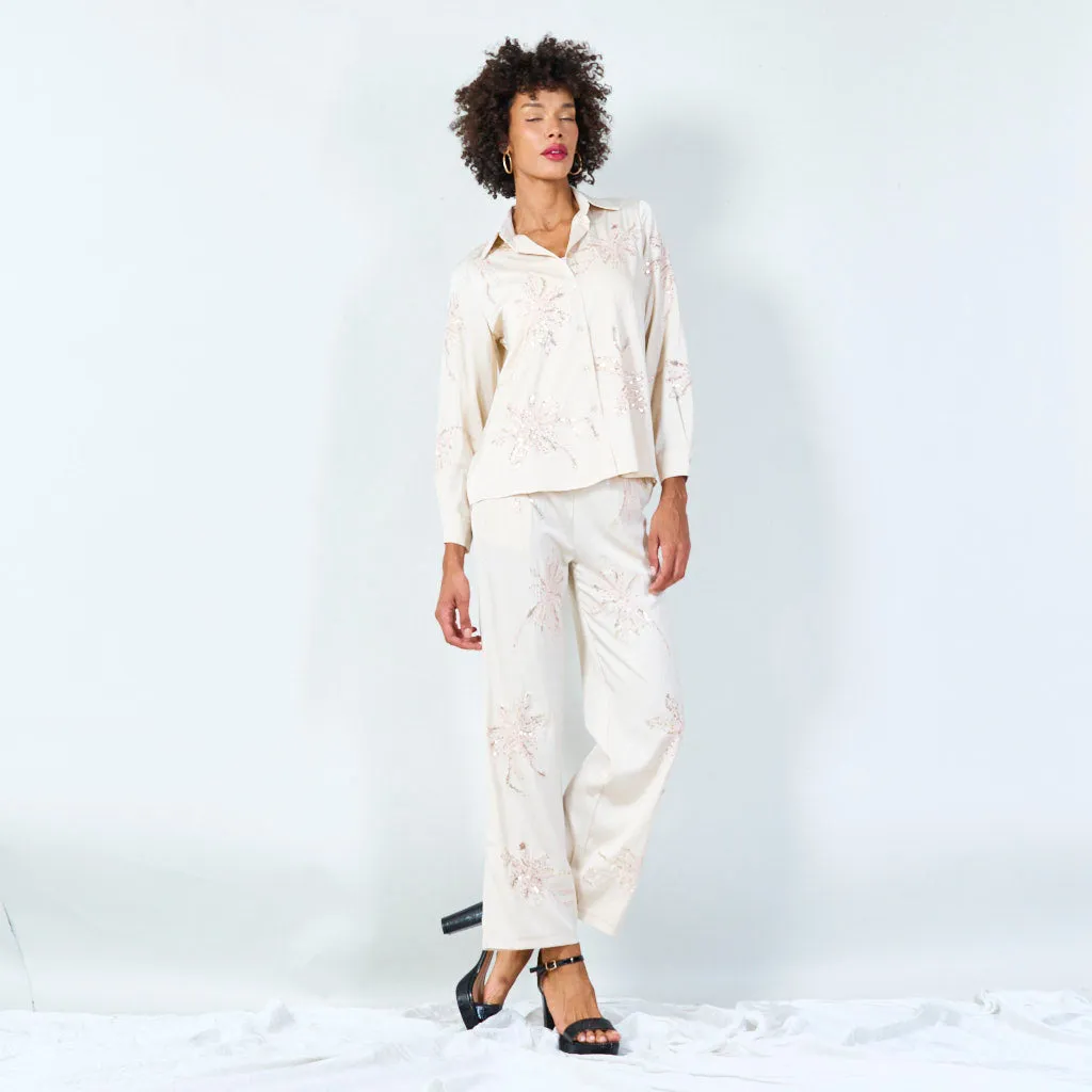 Embroidered satin shirt and pants set wholesale