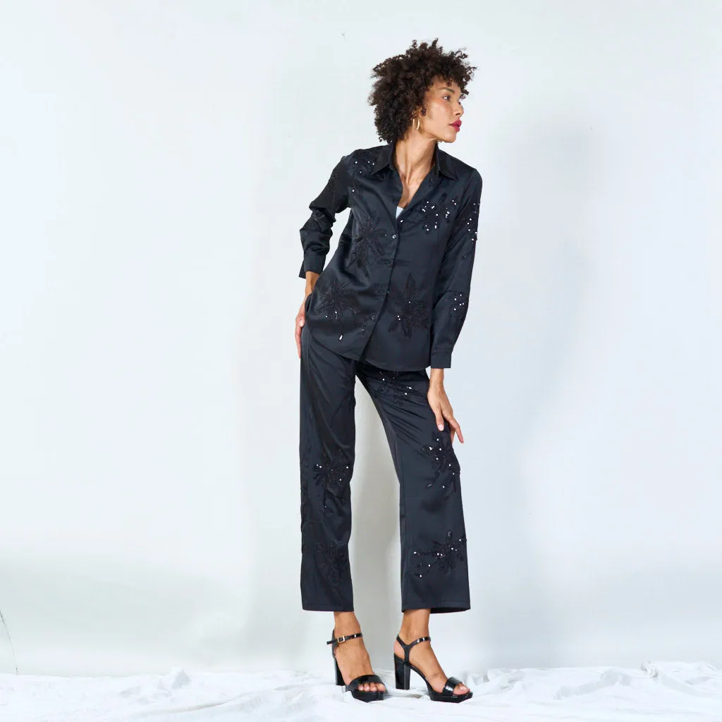 Embroidered satin shirt and pants set wholesale