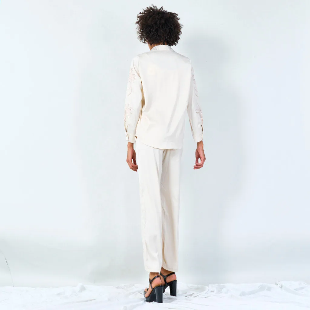 Embroidered satin shirt and pants set wholesale