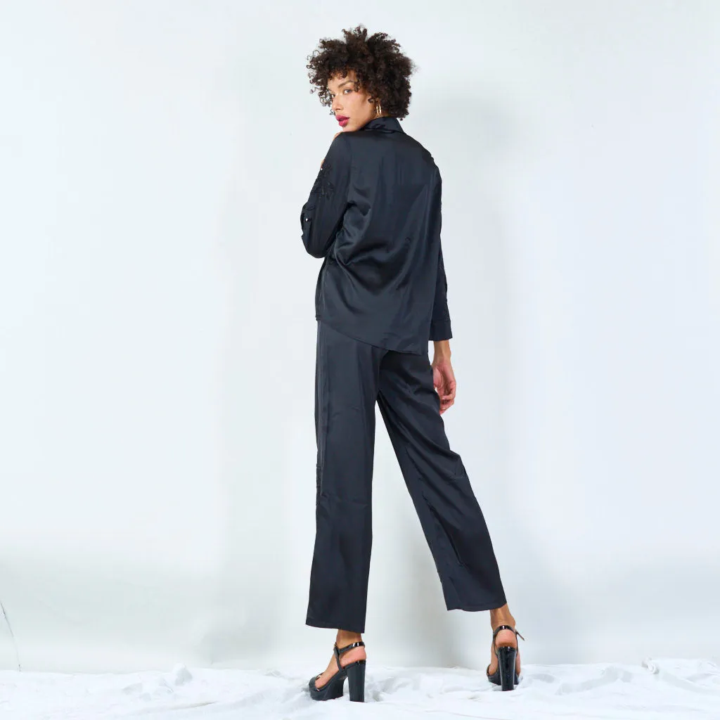 Embroidered satin shirt and pants set wholesale