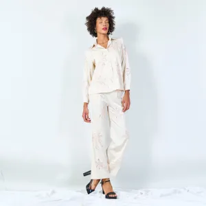 Embroidered satin shirt and pants set wholesale