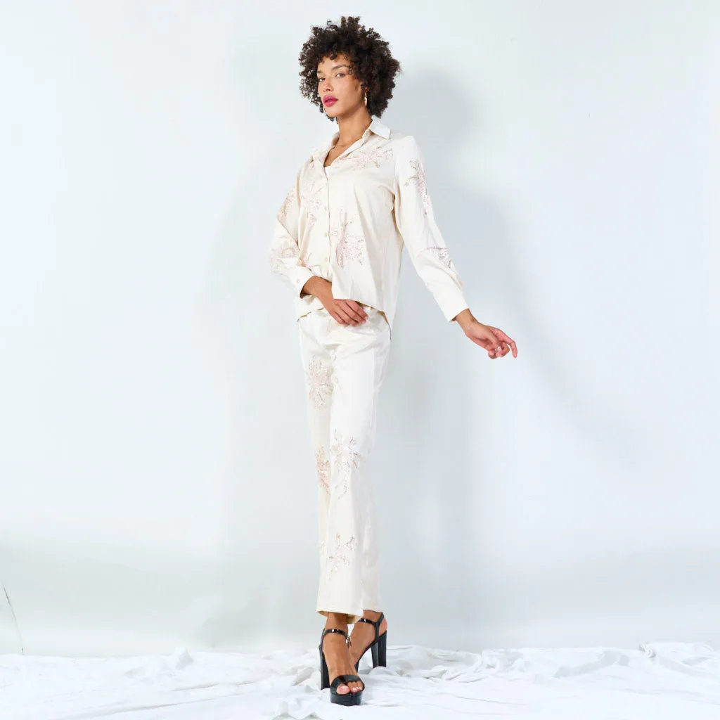 Embroidered satin shirt and pants set wholesale