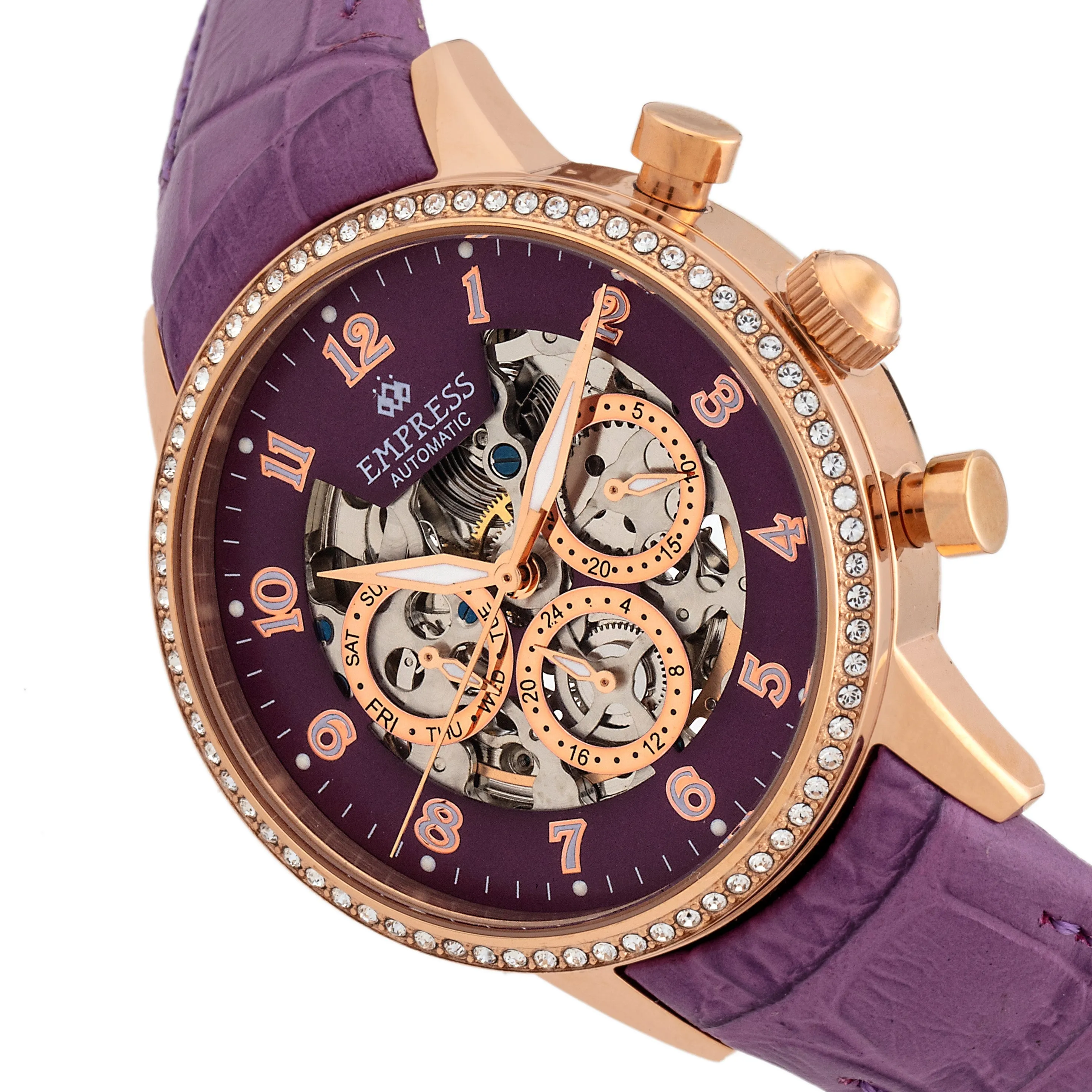 Empress Beatrice Automatic Skeleton Dial Leather-Band Watch w/Day/Date - Rose Gold/Purple
