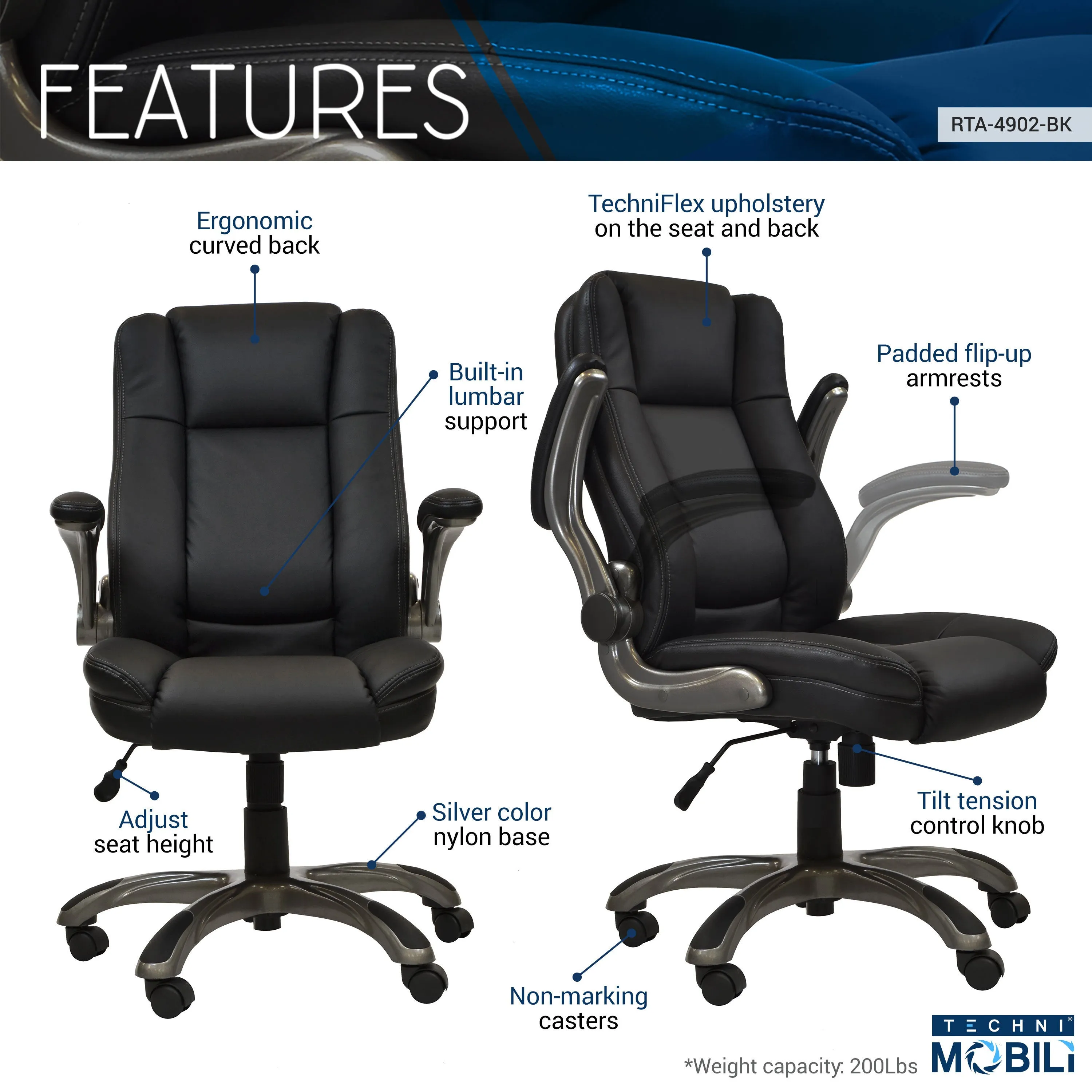 Flex Executive Office Chair with Flip-up Arms - Black