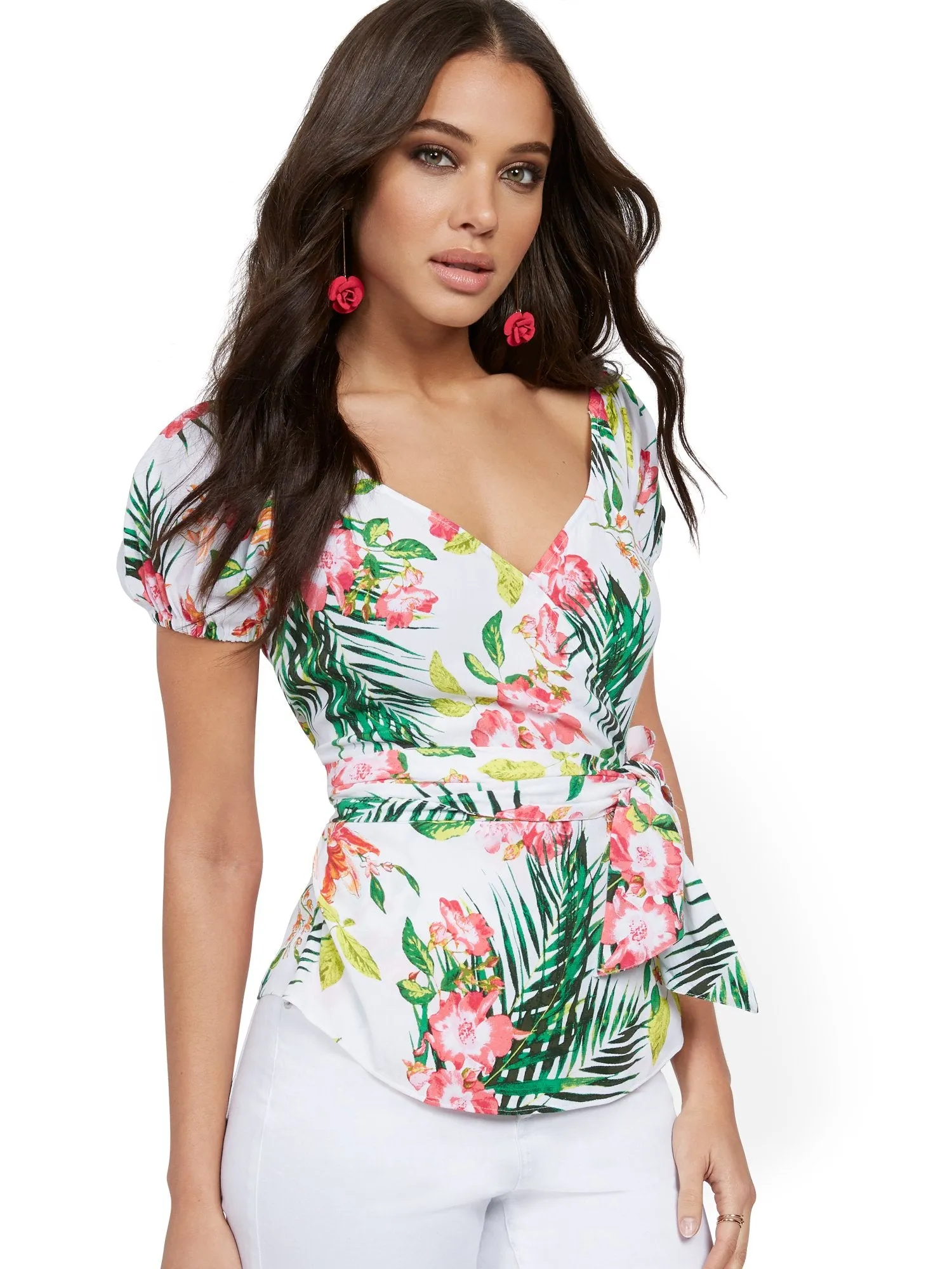 Floral Puff-Sleeve Wrap Blouse