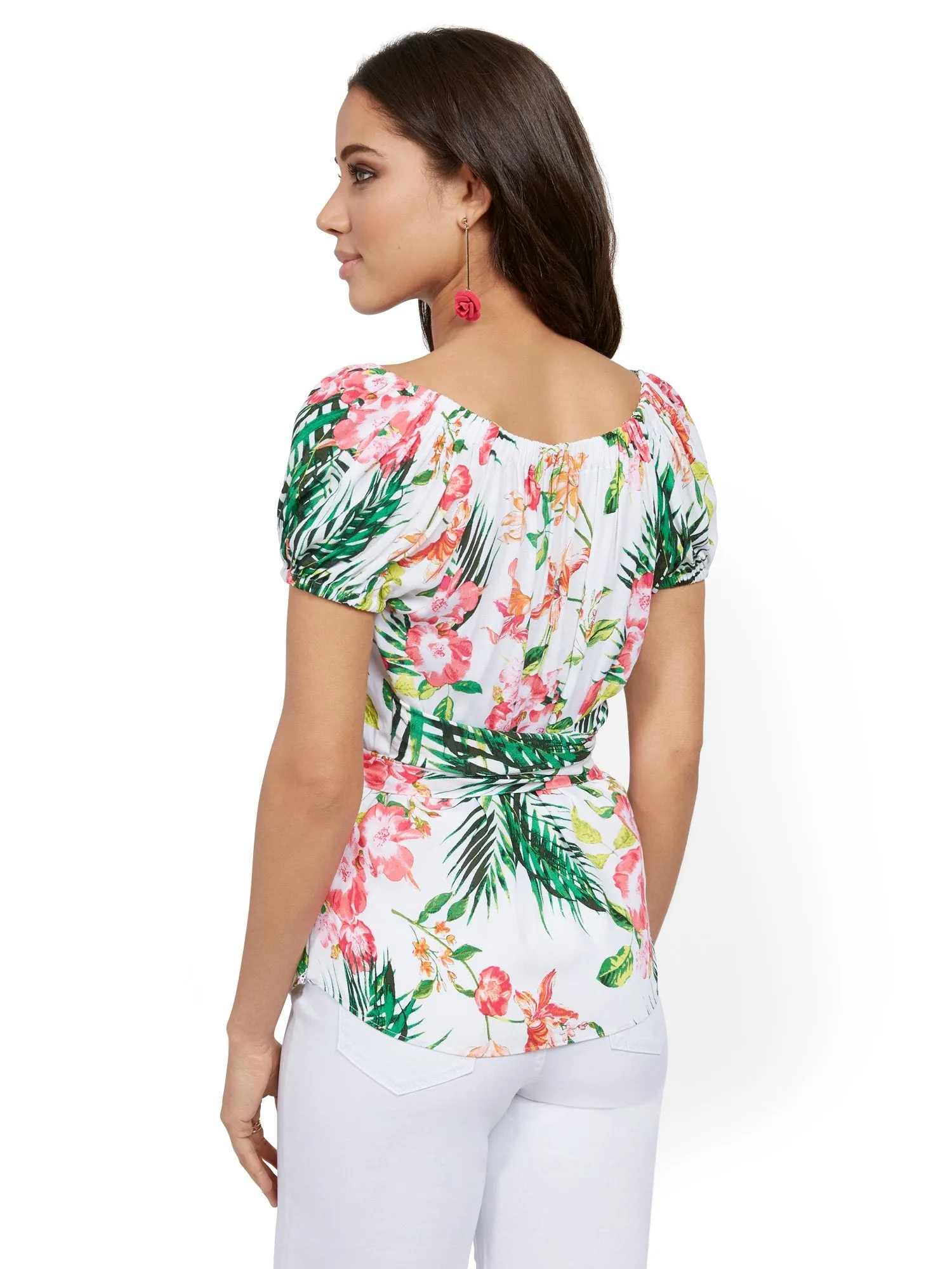 Floral Puff-Sleeve Wrap Blouse