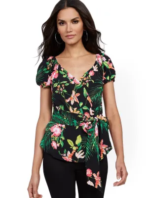 Floral Puff-Sleeve Wrap Blouse