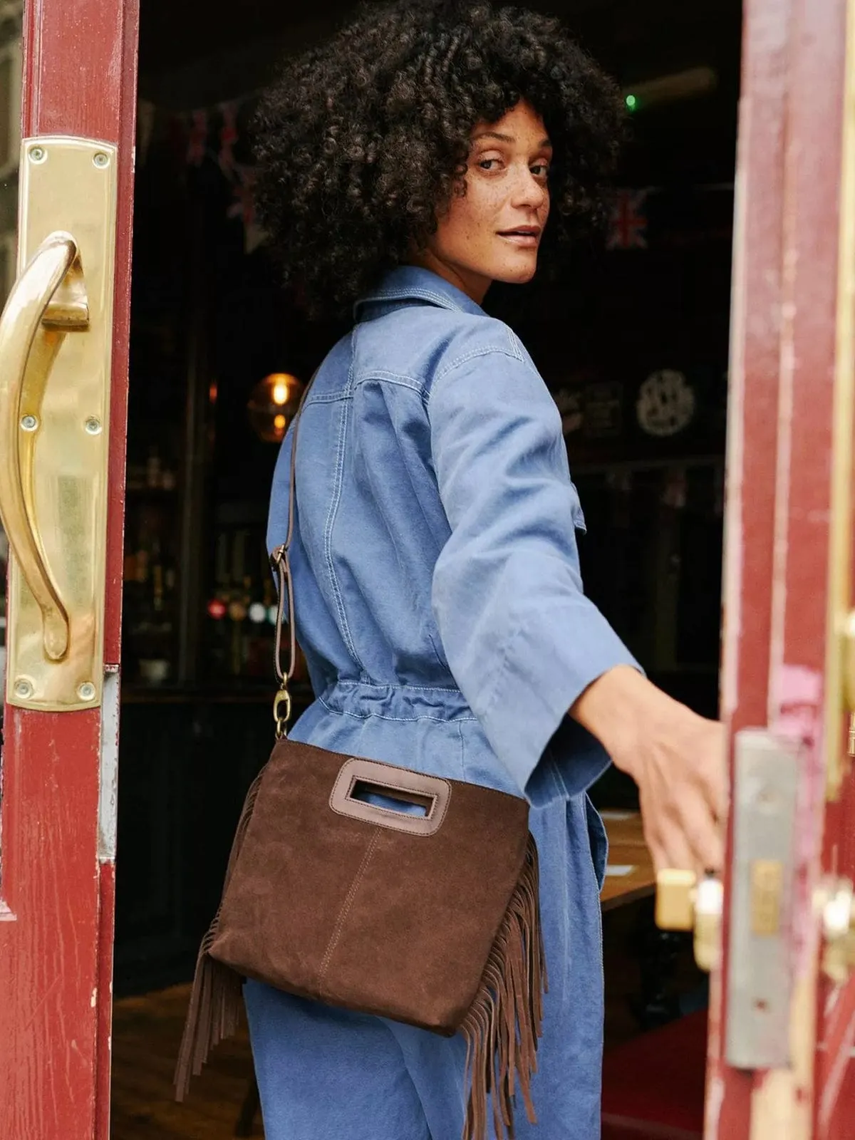 Fringe Handy Suede Bag - Brown