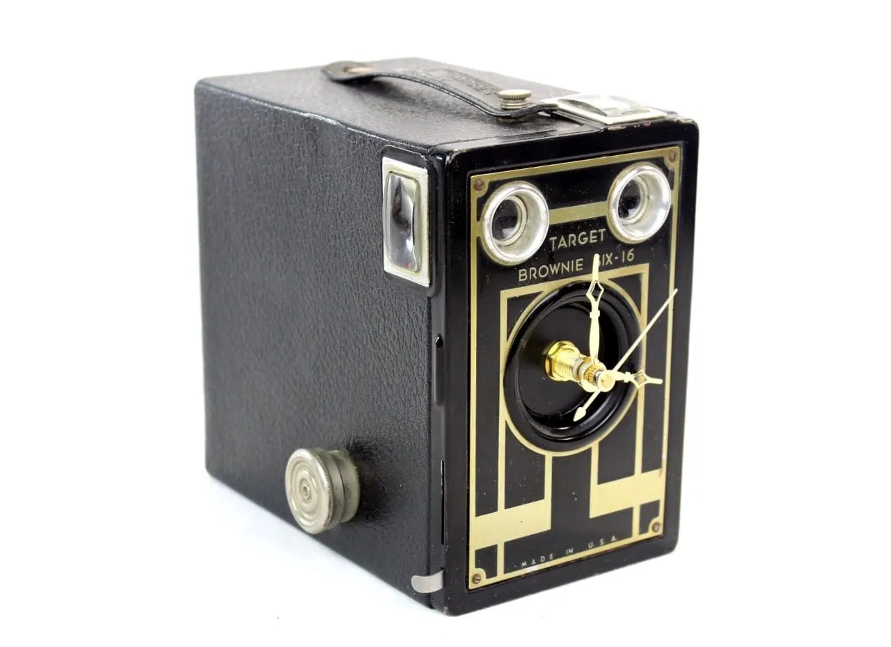 Golden Art Deco Vintage Brownie Target Six-16 Camera Clock, upcycled, reuse, desk clock, office, fire mantel, antique tabletop clock