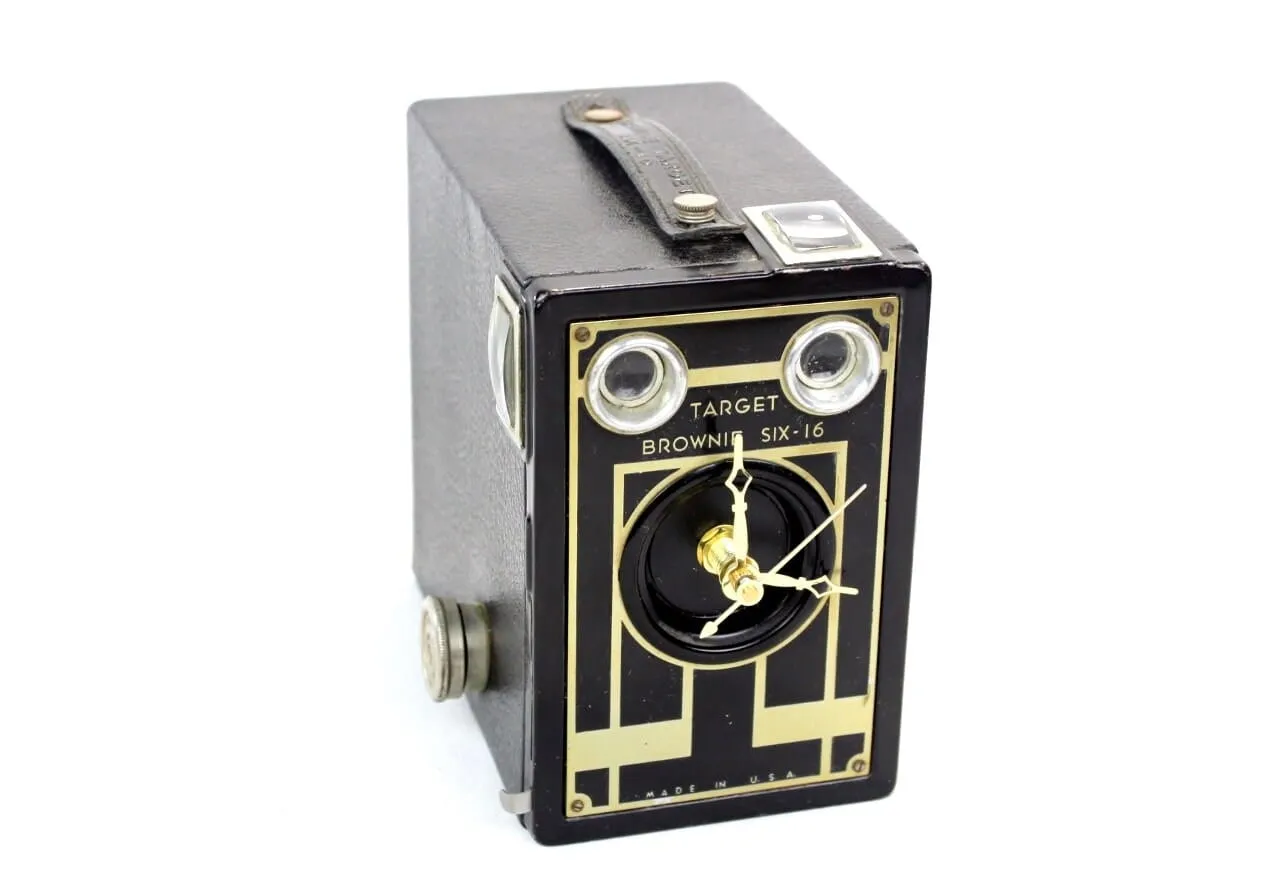 Golden Art Deco Vintage Brownie Target Six-16 Camera Clock, upcycled, reuse, desk clock, office, fire mantel, antique tabletop clock