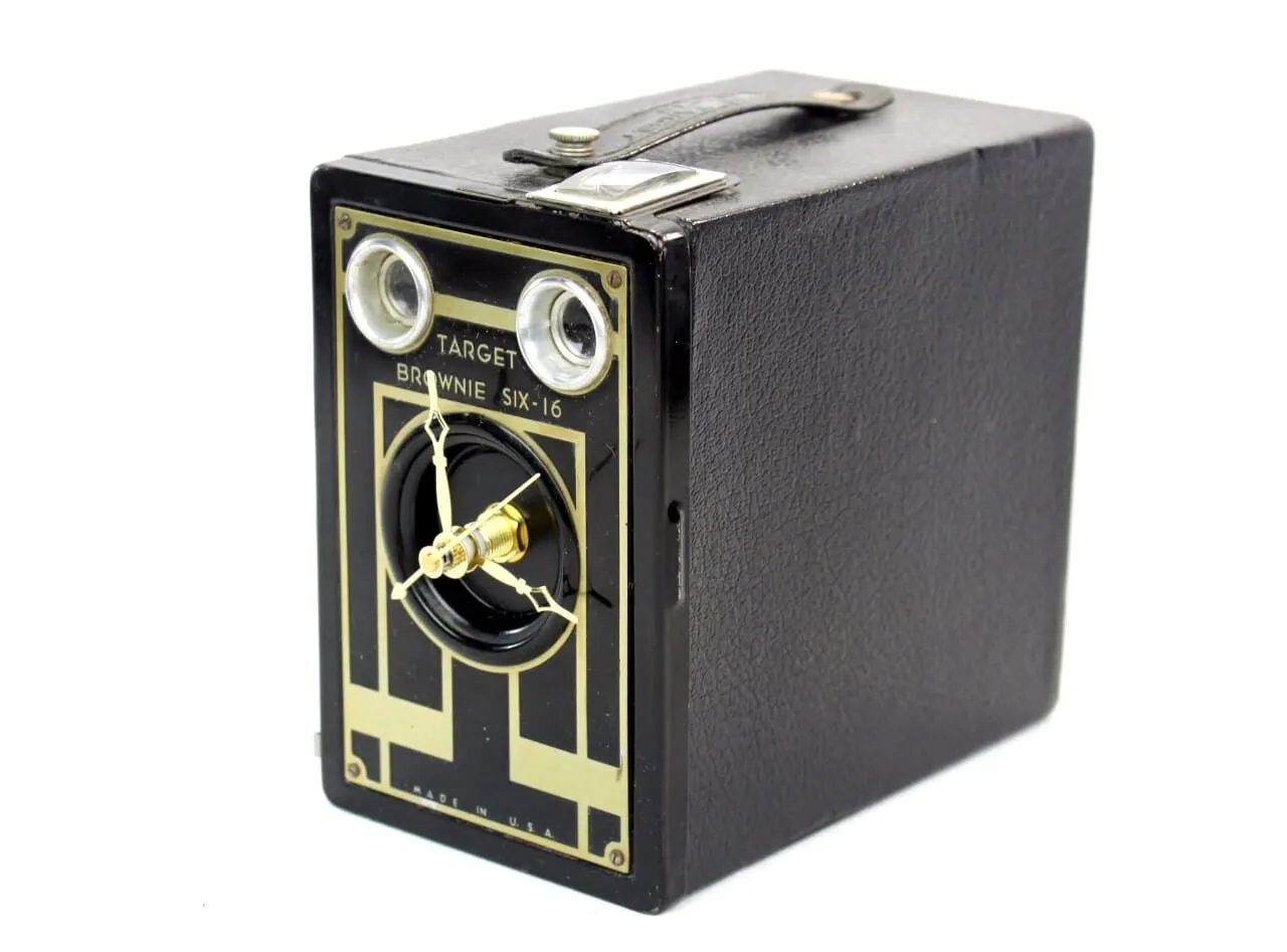 Golden Art Deco Vintage Brownie Target Six-16 Camera Clock, upcycled, reuse, desk clock, office, fire mantel, antique tabletop clock