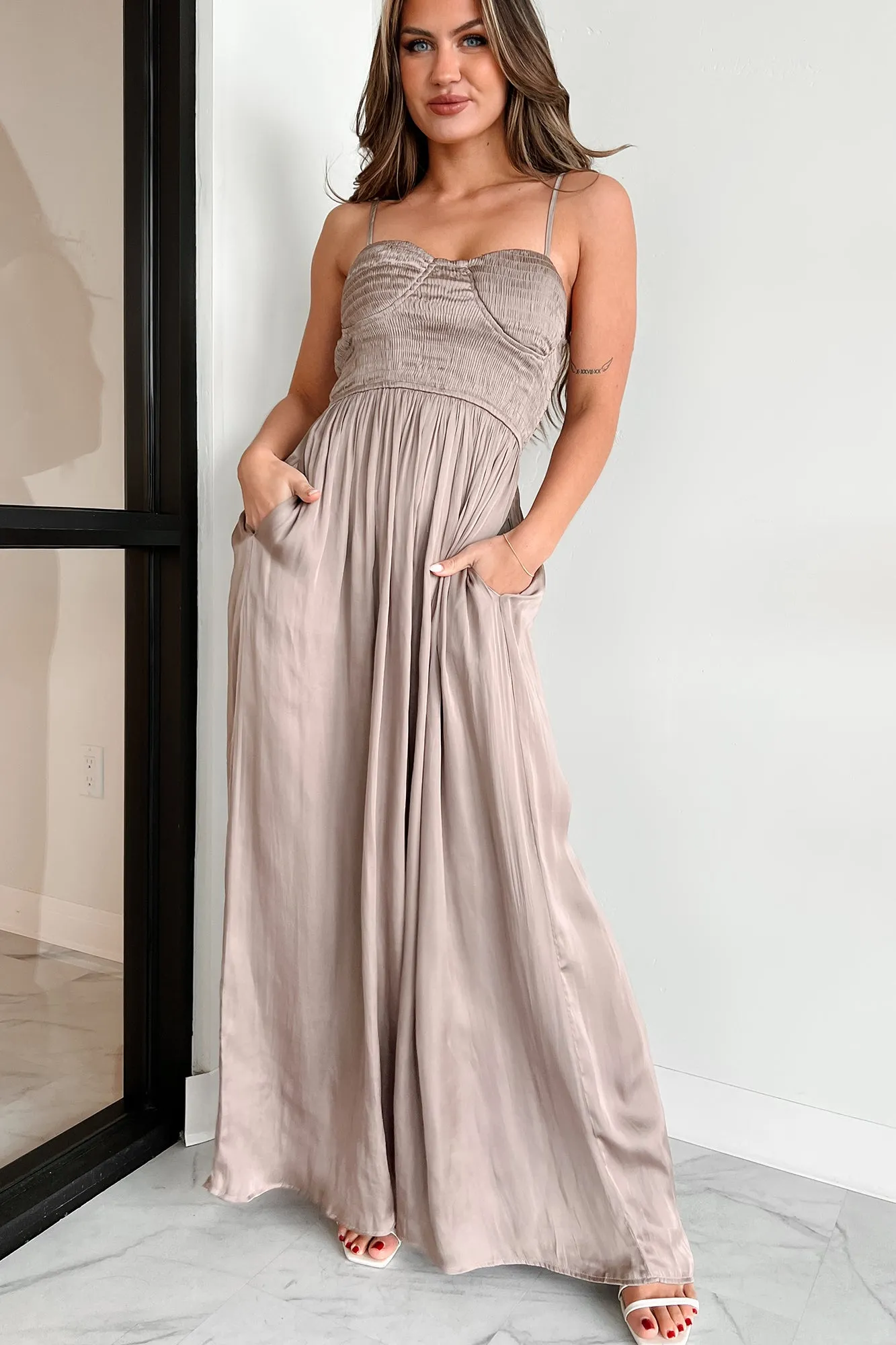 Graceful Finesse Satin Wide Leg Jumpsuit (Mocha)