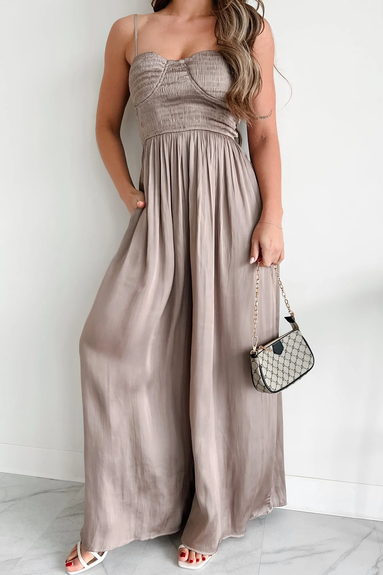 Graceful Finesse Satin Wide Leg Jumpsuit (Mocha)