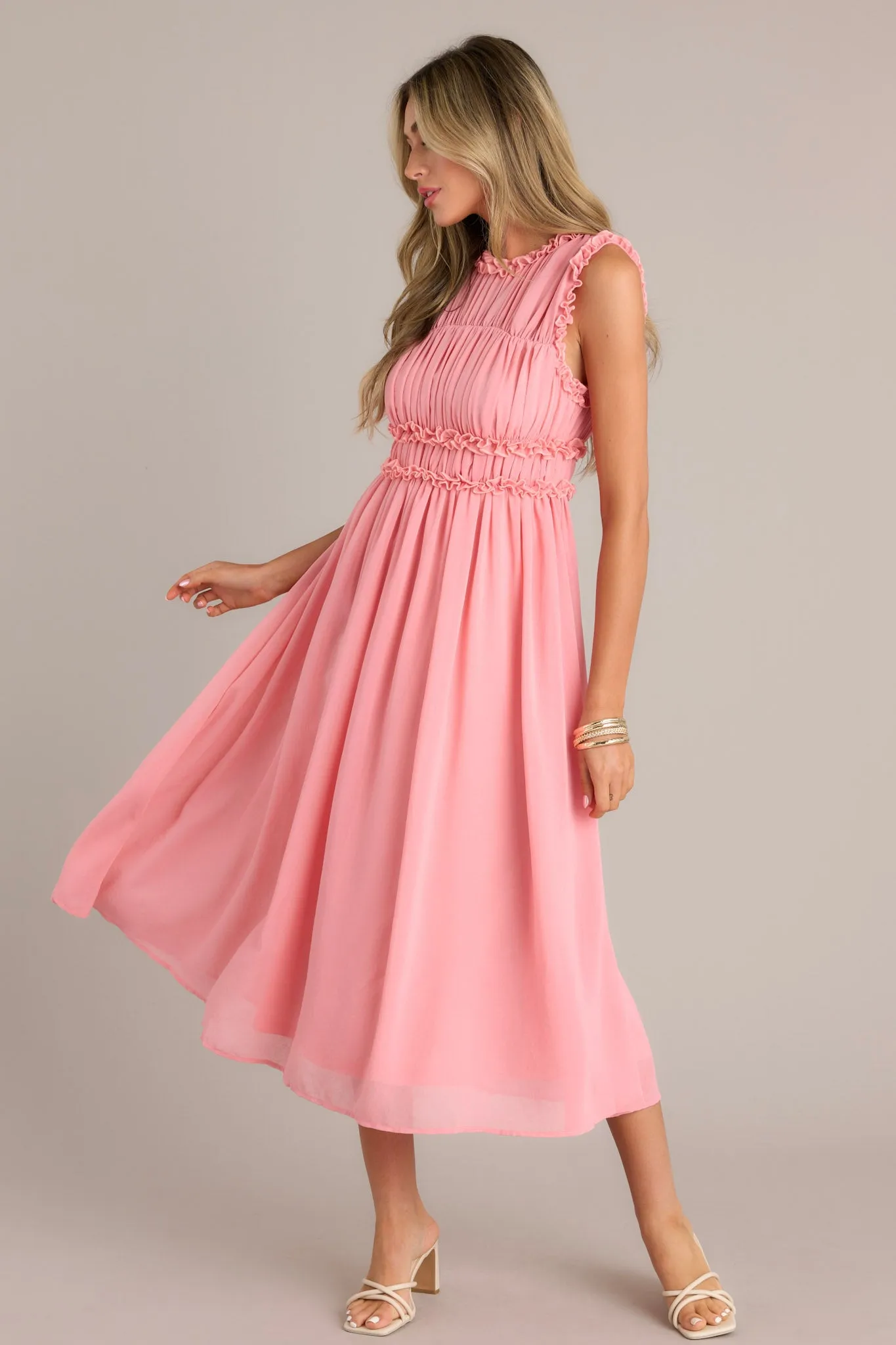 Graceful Gathering Pink Coral Sleeveless Midi Dress