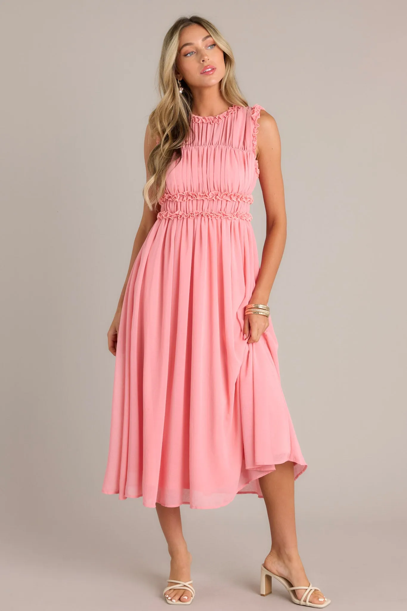 Graceful Gathering Pink Coral Sleeveless Midi Dress