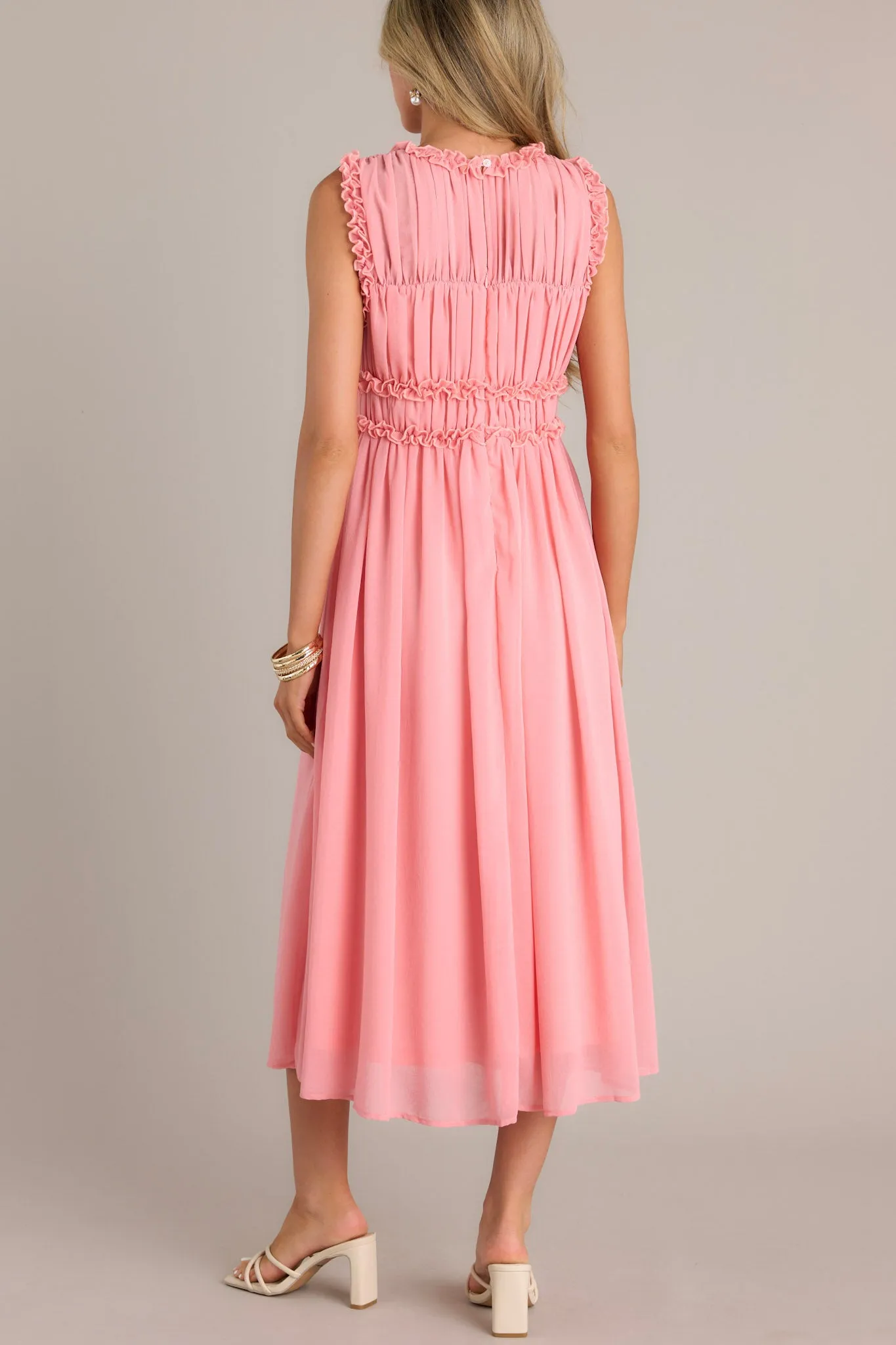 Graceful Gathering Pink Coral Sleeveless Midi Dress