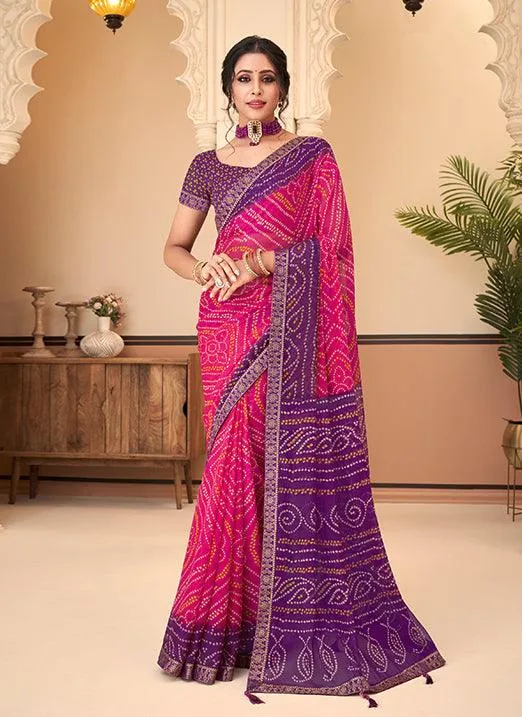 Graceful Pink & Purple Bandhani Chiffon Saree