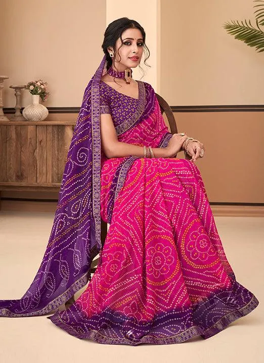 Graceful Pink & Purple Bandhani Chiffon Saree